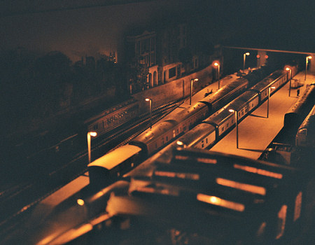 Michel Delving station lit up at night.